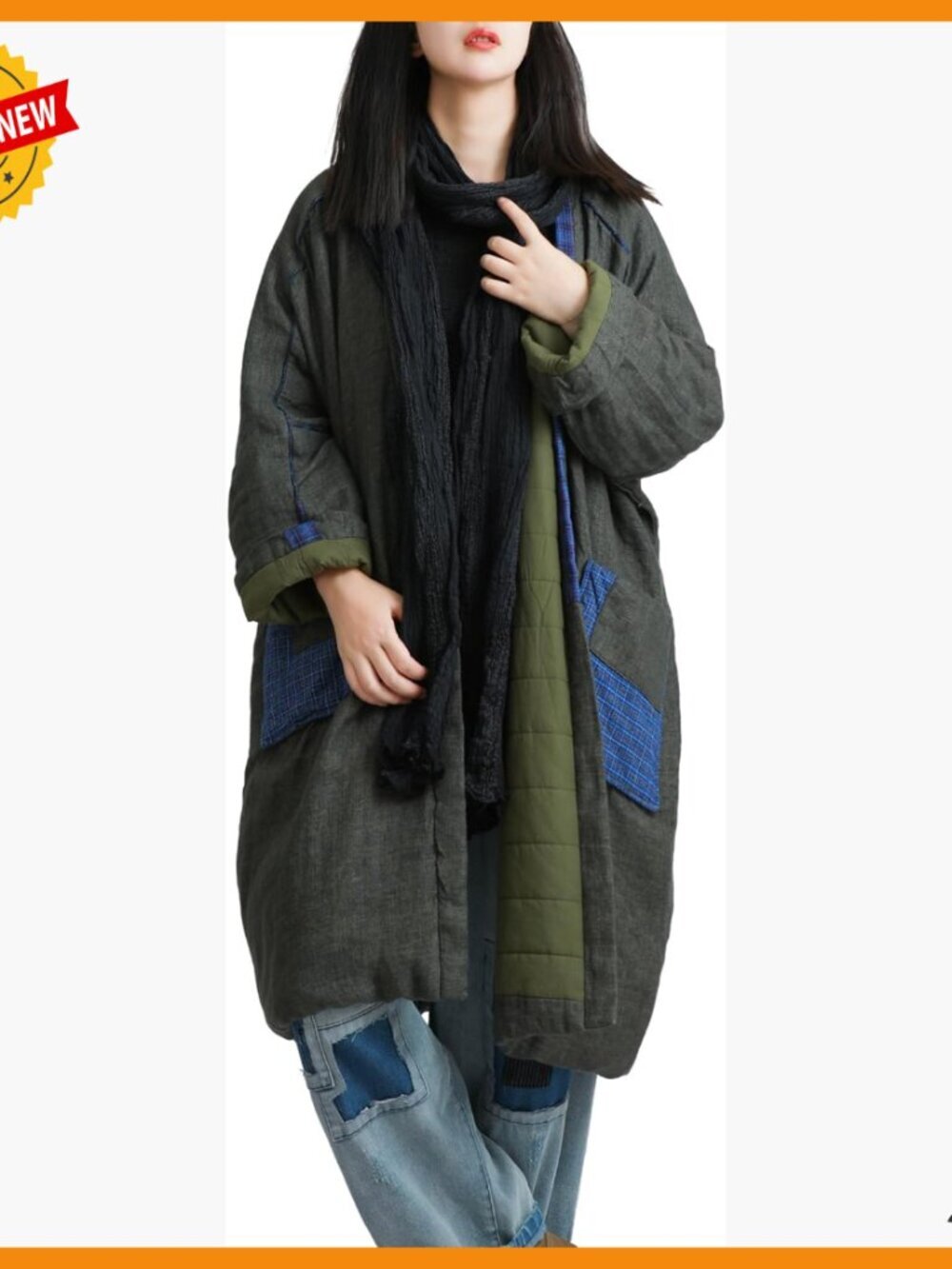 Linen Quilted Coat Long Loose Kimono Cardigan with Patch Pockets Winter